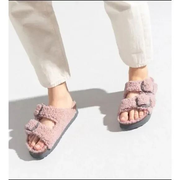 Birkenstock Papillio Sandals Teddy Pink Arizona Big Buckle Shearling EU 40/US 9 - Picture 1 of 9